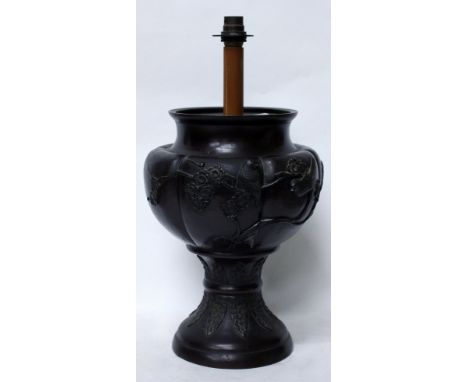 A 20TH CENTURY JAPANESE BRONZE VASE depicting prunus blossom and birds (drilled and converted into a lamp) 40cm high approxim