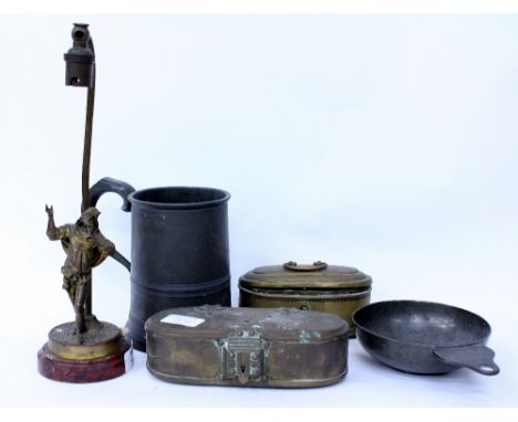 A SMALL FRENCH GILT METAL TABLE LAMP cast with a figure playing a brass instrument together with two Middle Eastern brass spi