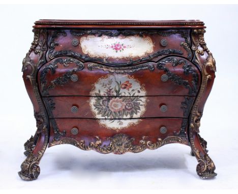 A CONTEMPORARY FOUR DRAWER COMMODE with gilt painted detail and papier mache top 91cm x 88cm x 49cm 