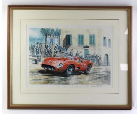 A watercolour painting of Piero Taruffi winning the 1957 Mille Miglia Grand Prix in his Ferrari 315S by automobile artist Mic