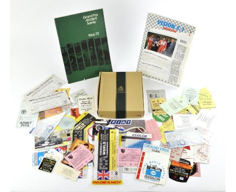 Box of various vintage Gran Prix/Formula One passes including Grand Prix Accident Survey 1966-72.  Please note this lot has t