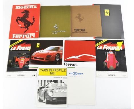 A collection of 7 vintage Ferrari sales brochures to include Ferrari Formula, Ferrari Jan 1991, Dino 308 gt4, Ferrari Modena,