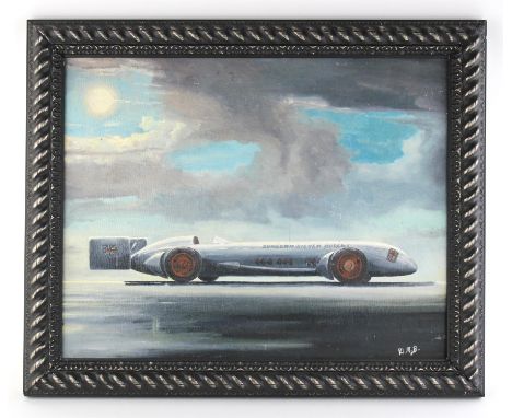 A framed oil on Board  1929 The Sunbeam Silver Bullet Automobile at Daytona Beach". Circa Late 20th Century. English Automoti