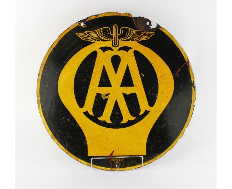 A Vintage original AA Double Sided Enamel sign by Franco SW1.  46cms diameter. Please note this lot has the standard Ewbank's