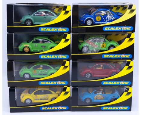 Scalextric VW Beetle Group, 1:32nd Scale Cars to include (1) C2301 - Red; (2) C2315 - Blue; (3) C2336 "ATE, No.11"; (4) C2337