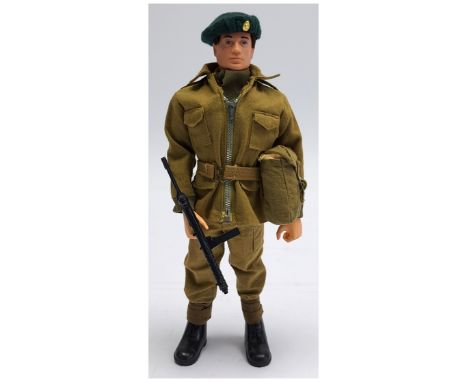 Palitoy Action Man vintage Royal Marine Combat, dark flock hair, gripping hands (reproduction), wearing jacket, trousers, clo