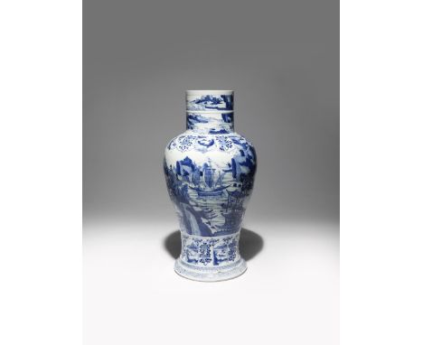 A CHINESE BLUE AND WHITE 'SAN TANG YIN YUE' MOULDED BALUSTER VASE KANGXI 1662-1722 Painted with a large ship sailing towards 