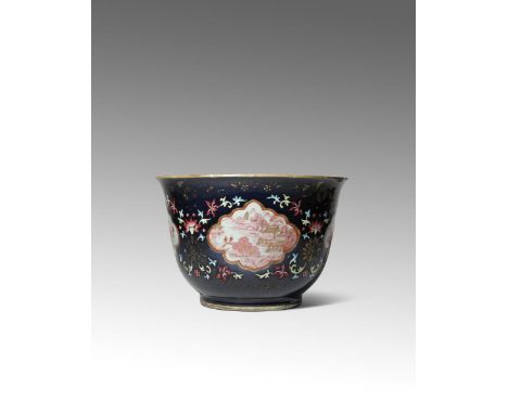 A CHINESE FAMILLE ROSE AND GILT-DECORATED POWDER BLUE-GROUND JARDINIERE 18TH/19TH CENTURY The deep U-shaped body flaring at t