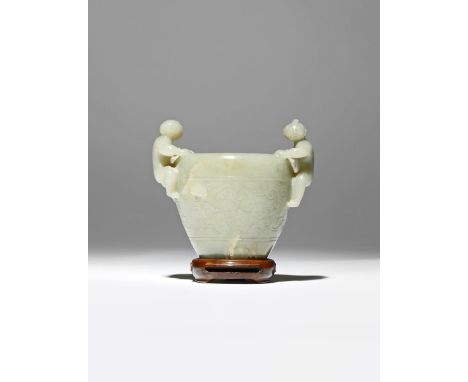 A SMALL CHINESE CELADON JADE 'BOYS' BOWL QING DYNASTY The ovoid body tapering towards the foot, decorated with a band of styl