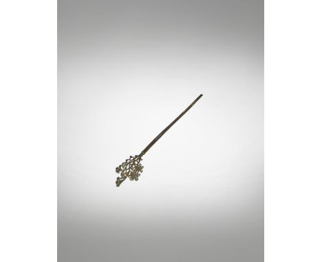 A CHINESE PARCEL-GILT SILVER HAIRPIN TANG DYNASTY Formed as a two-pronged pin terminating in a finial formed as an openwork f