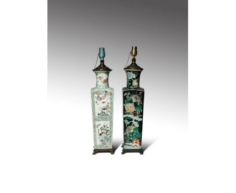 TWO CHINESE ENAMELLED SQUARE-SECTION VASES 19TH CENTURY One painted in the famille verte palette with variously shaped panels