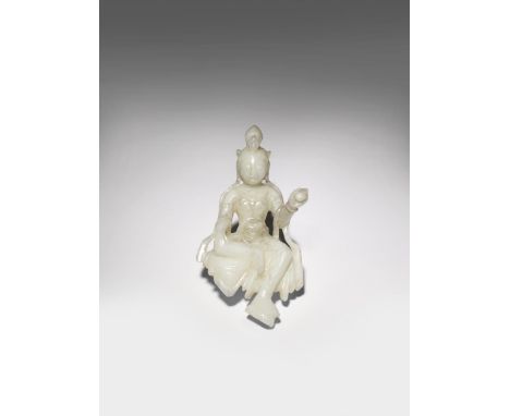 A CHINESE WHITE JADE CARVING OF AVALOKITESHVARA 20TH CENTURY The bodhisattva depicted seated in lalitasana, he wears a dhoti 