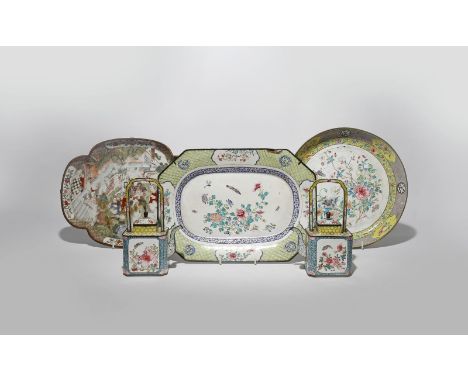 A SMALL GROUP OF CHINESE FAMILLE ROSE CANTON ENAMEL ITEMS 18TH AND 19TH CENTURY Comprising: a pair of teapots and covers deco