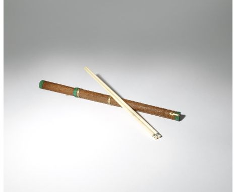 A CHINESE CHOPSTICK AND KNIFE SET QING DYNASTY The wood case with gilt-metal mounts and carved in shallow relief with stylise