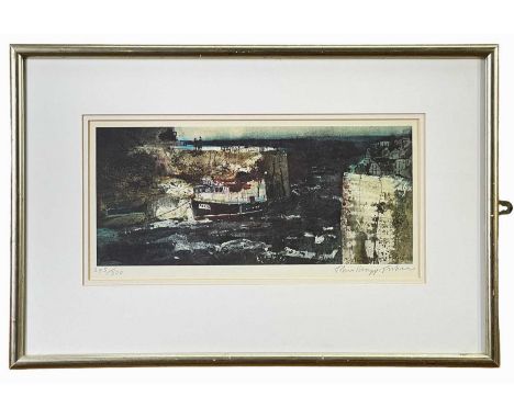‡ JOHN KNAPP-FISHER limited edition (395/500) print - untitled, Porthgain harbour with figures and fishing boat, signed fully