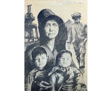 ‡ ANDREW VICARI print - coal miner and family, pit winding gear, signed and dated '72, 50 x 35cmsProvenance: private collecti
