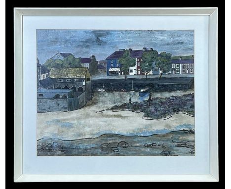 UNKNOWN TWENTIETH CENTURY WELSH SCHOOL oil on board - harbour village with boats and figures, signed with initials 'R H', 39 