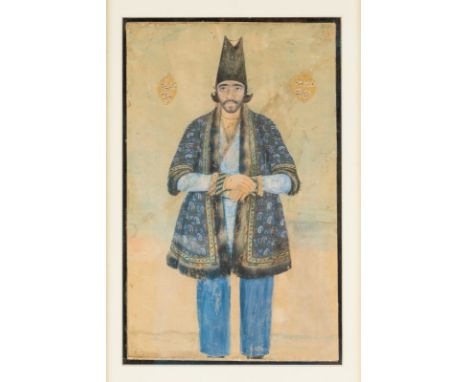 Islamic Art. A Qajar portrait of Mirza Vali Khan, signed Assari Kashani and dated 1274 AH (1851 AD) . Cm 20,00 x 33,00. 