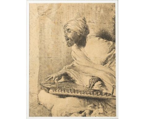 Islamic Art. An orientalist print and a Persian miniature on ivory . The print depicting a musician (25 X 18 cm) and the mini