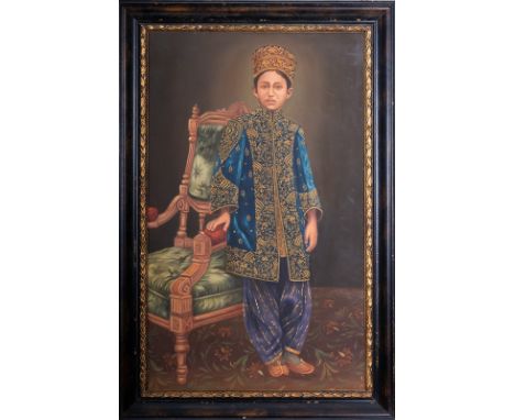 Indian Art. Portrait of a young Maharaja  India, 20th century  Oil on canvas . Cm 71,00 x 117,00. 