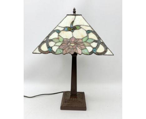  A Tiffany style table lamp, with glass shade detailed with butterflies and flowers, including shade H60cm.    - Condition Re