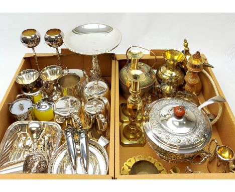 A group of silver plate, brass and other metal ware, to include a foliate chased tureen and cover, pedestal dish, swing handl