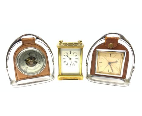  A brass cased carriage clock, the white enamel dial with black Roman numerals, H11.5cm, together with an Eldonia leather and
