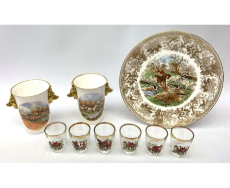  A collection of hunting related items, comprising a pair of Caverswall beakers, each with twin gilt fox head handles, H11.5c