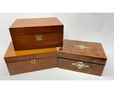  A 19th century figured walnut box, with inset mother of pearl and abalone detail, H13cm L27cm, together with two 19th centur