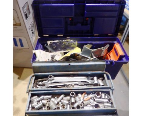 Cater lever tool box containing a large quantity of ringed spanners ratchet and sockets and lidded tool box contents. Not ava