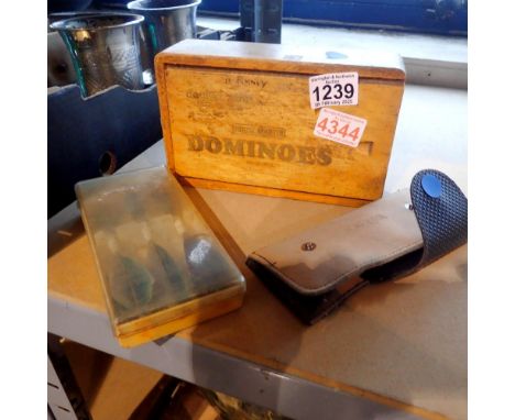 Two flights of darts and a wooden box containing dominoes by House Martin. Not available for in-house P&amp;P 