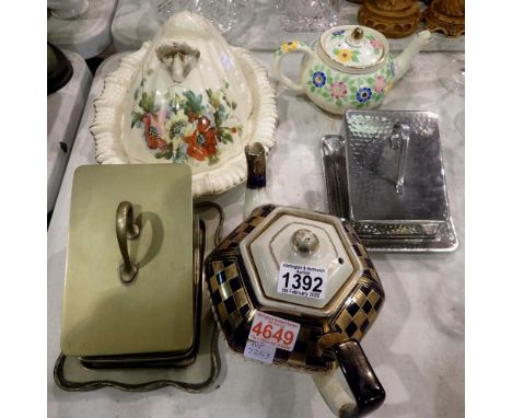 Three cheese dishes with covers, Wade teapot decorated with gold and a Bridgwood teapot with floral decoration. Not available