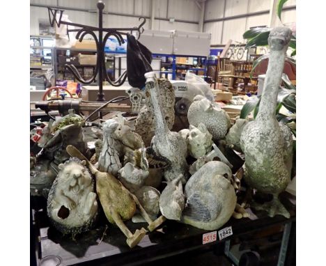 Shelf of mixed garden ornaments. Not available for in-house P&amp;P 