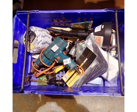 Box of mixed tools and accessories, including a Black &amp; Decker drill. All electrical items in this lot have been PAT test