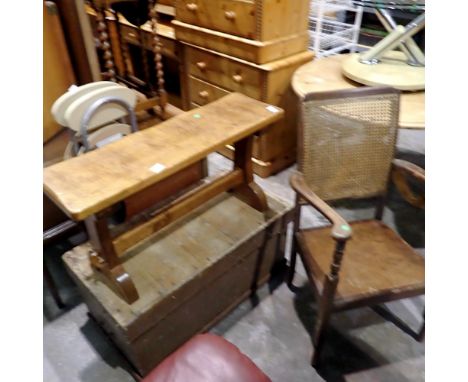 Oak bench L: 80 cm with wicker back chair. Not available for in-house P&amp;P 