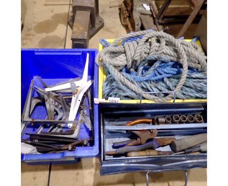 Tool box of mixed tools, ropes and shelf brackets. Not available for in-house P&amp;P