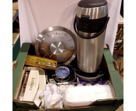Collection of miscellaneous housewares in two boxes including a 5 litre flask and clocks. Not available for in-house P&amp;P 