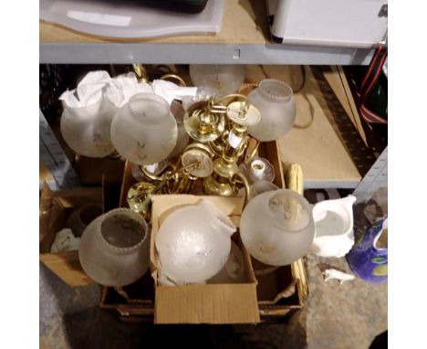 Four brass light fittings with decorative globes and spares. Not available for in-house P&amp;P 