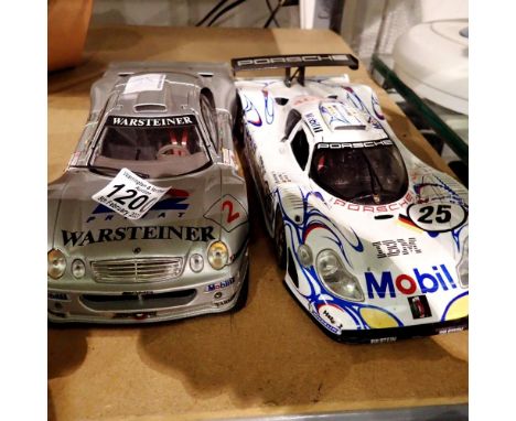 Two 1/18 scale model cars by Maisto Mercedes CLK GTR and Porsche 911 GTI. Not available for in-house P&amp;P 