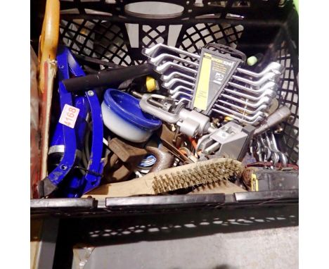 Mixed lot of assorted tools, including an eight piece spanner set and measuring tape. Not available for in-house P&amp;P