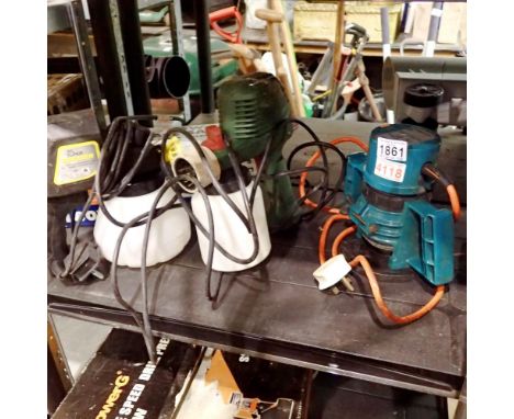 Mixed tools, including two paint sprayers, Black &amp; Decker router and a Draper Tri-base sander. All electrical items in th