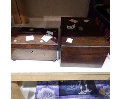 Walnut sewing box with key and a tea caddy, both inlaid with mother of pearl. Not available for in-house P&amp;P