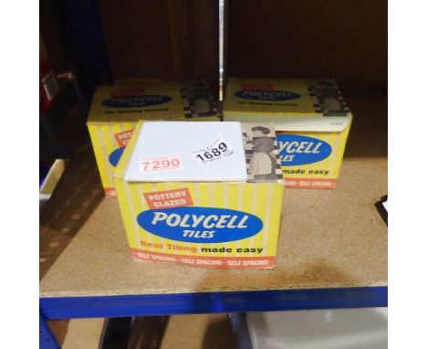 Three boxes of thirty light blue polycell glazed wall tiles. Not available for in-house P&amp;P 