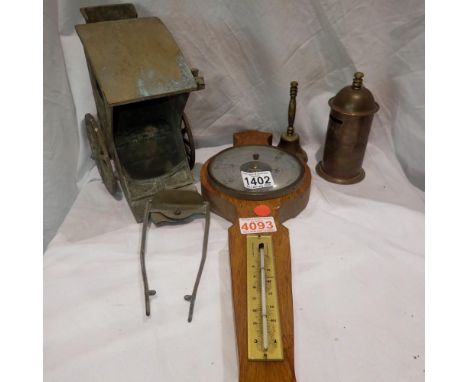 Barometer, brass bell and a brass money box. Not available for in-house P&amp;P