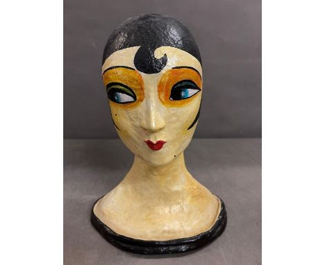 An Art Deco paper Mache mannequin head signed Fay Roulz