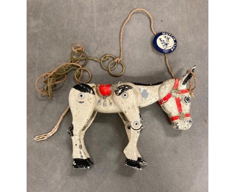 Vintage Muffin The Mule puppet in metal, by Moko, along with a Muffin Club original pin badge.