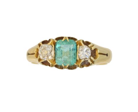 A late Victorian 18ct gold emerald and diamond three stone ring, A late Victorian 18ct gold emerald and diamond three stone r