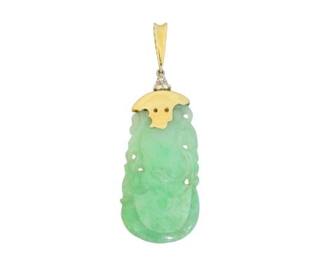 A jade and diamond pendant, A jade and diamond pendant, the jade gourd carving with bird and blossom detailing, to the polish
