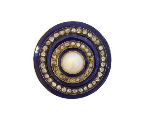 A pearl diamond and enamel brooch,  A pearl diamond and enamel brooch, the off-round pearl within a blue enamel and rose cut 