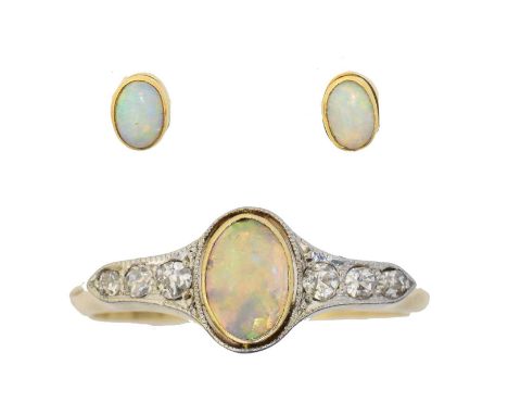 A selection of opal jewellery, A selection of opal jewellery, to include an opal and diamond dress ring, together with a pair